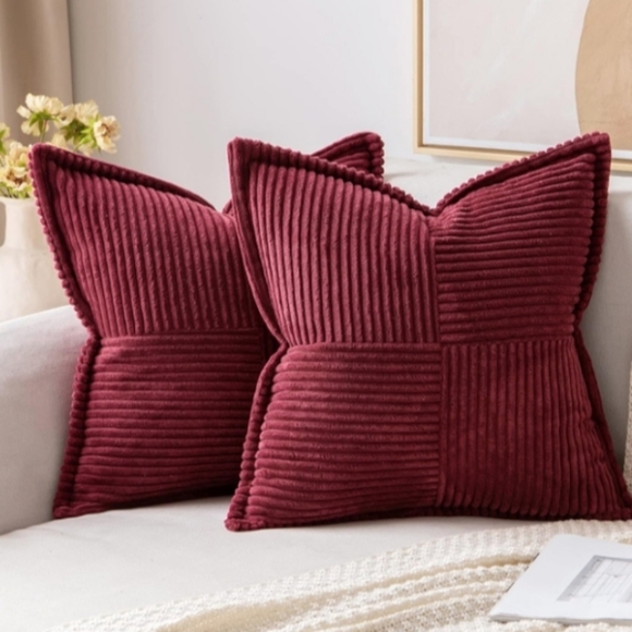 Cranberry Red Striped Corduroy Velvet Pillow Covers Set Square Throw Pillows New - Picture 1 of 9